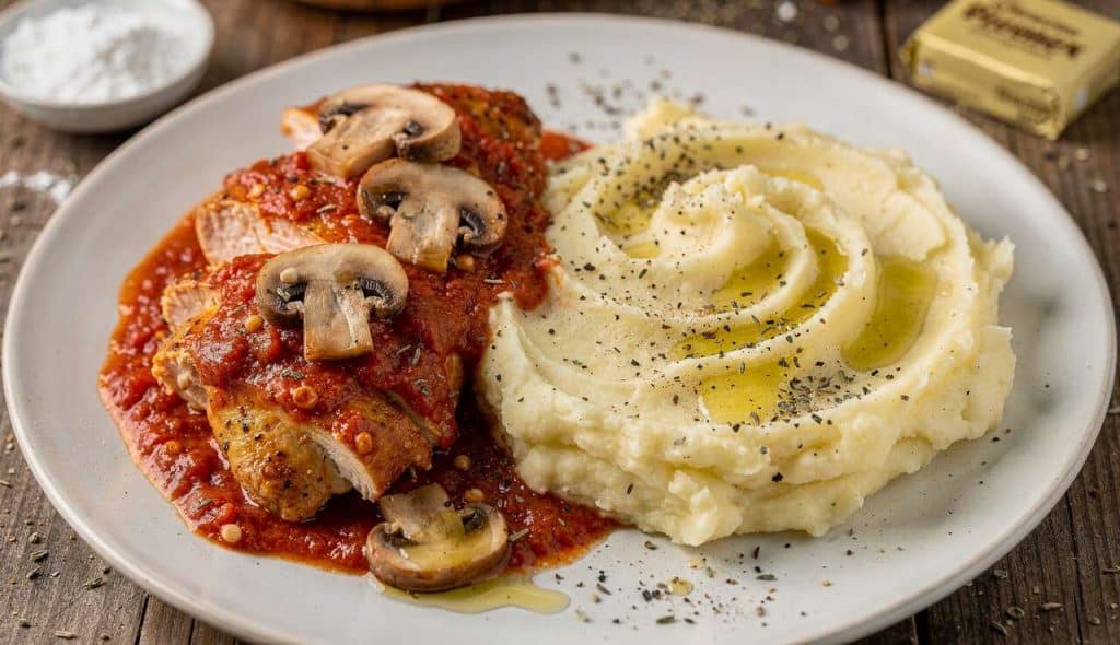 Poulet sauce tomate et champignons : recette facile avec purée maison