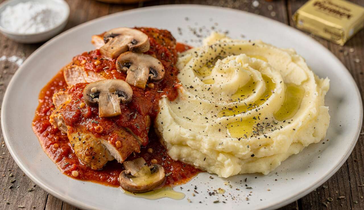 Poulet sauce tomate et champignons : recette facile avec purée maison