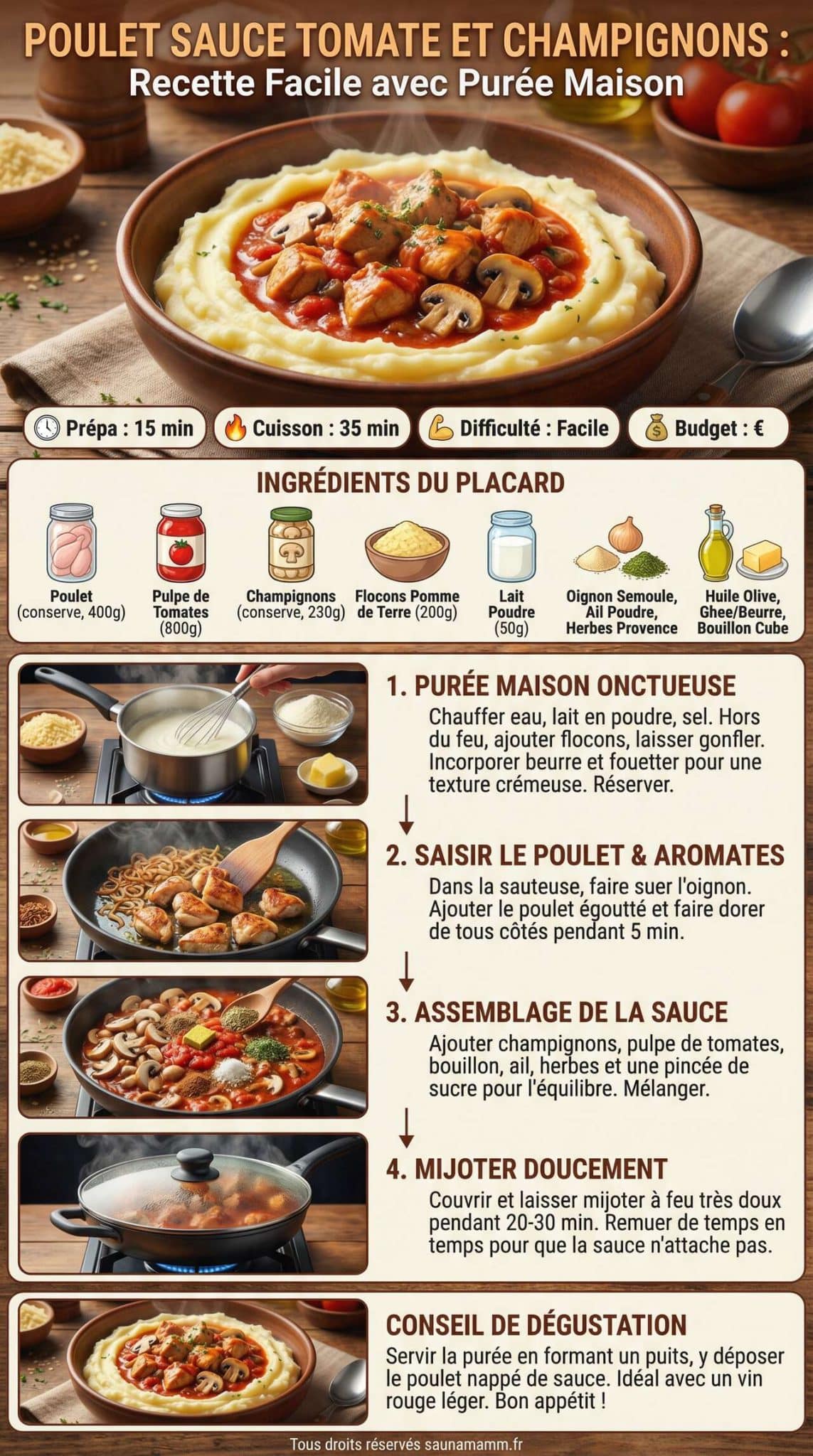 Fiche recette Poulet sauce tomate et champignons : recette facile avec pur&eacute;e maison