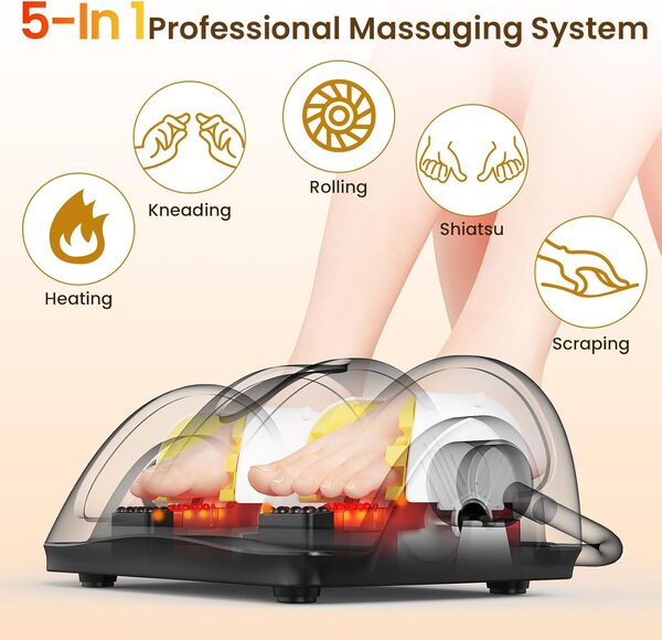 TISSCARE Appareil de Massage des Pieds Shiatsu Chauffant, Massage Mollets & Jambes avec Pétrissage, Roulement, Pression, Poignée Réglable à 360°, Soulagement Douleur, Cadeau Homme Femme