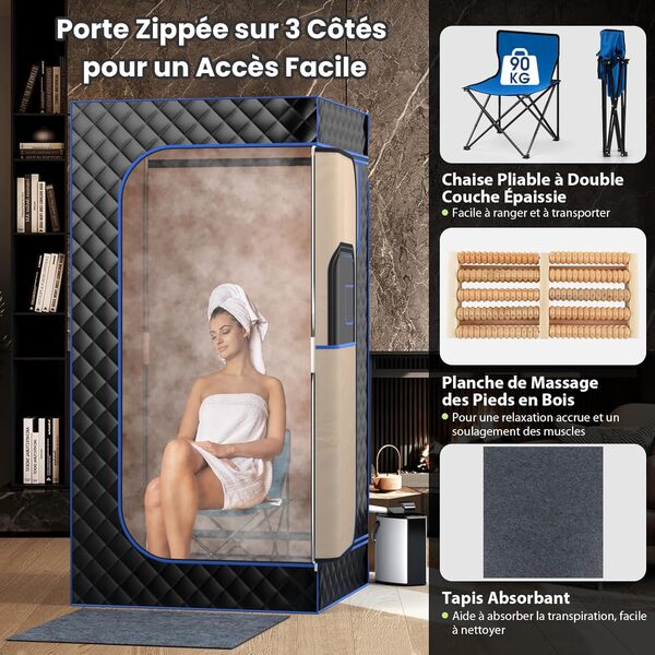 RELAX4LIFE Sauna à Vapeur Portable, Tente Sauna Portable Vapeur 3L avec Température 9 Niveaux, Cadre INOX, Chaise Pliable, Massage Pieds, Minuterie, Fenêtres Zippées, Sauna Portable à Domicile