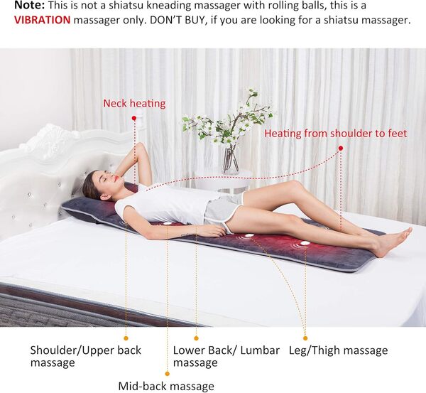 Snailax Tapis de Massage en Mousse à Mémoire avec Chaleur - Matelas Massant Chauffant et Vibration, Coussin de Massage Complet pour soulager la Douleur SL363M-FR