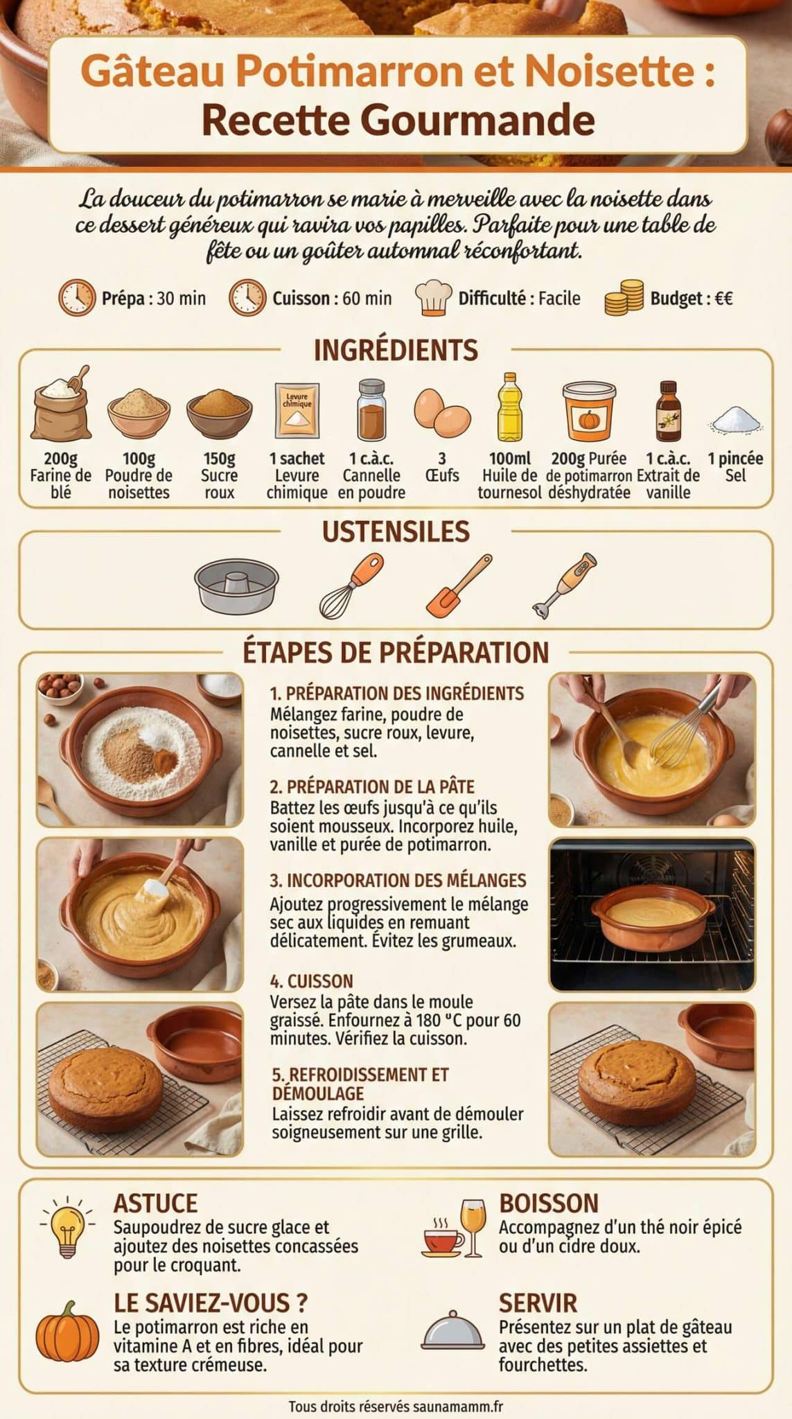 Fiche recette G&acirc;teau Potimarron et Noisette : recette Gourmande
