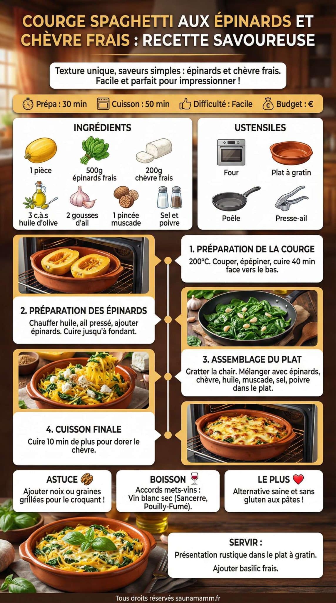 Fiche recette Courge spaghetti aux &eacute;pinards et ch&egrave;vre frais : recette savoureuse