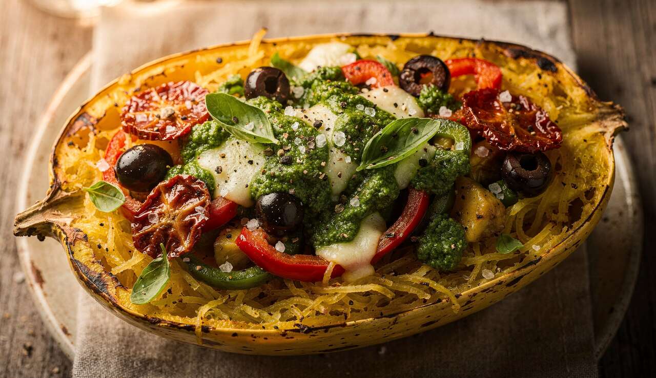 Courge spaghetti farcie : recette aux légumes et pesto