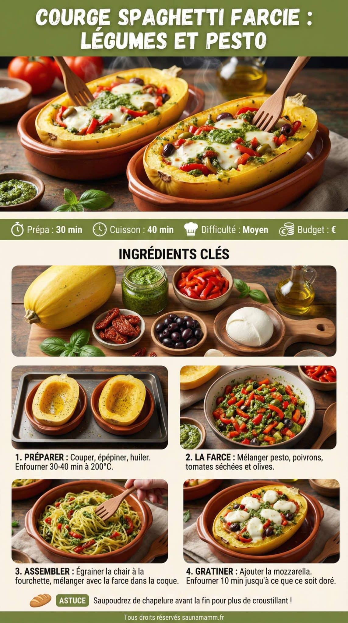 Fiche recette Courge spaghetti farcie : recette aux l&eacute;gumes et pesto