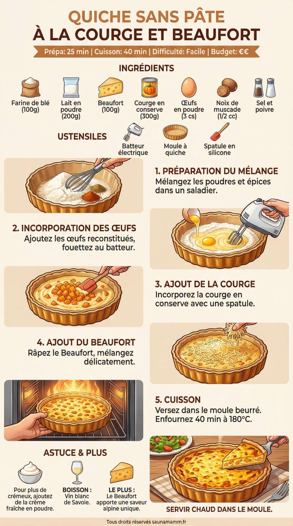 Fiche recette Quiche sans p&acirc;te &agrave; la courge et Beaufort