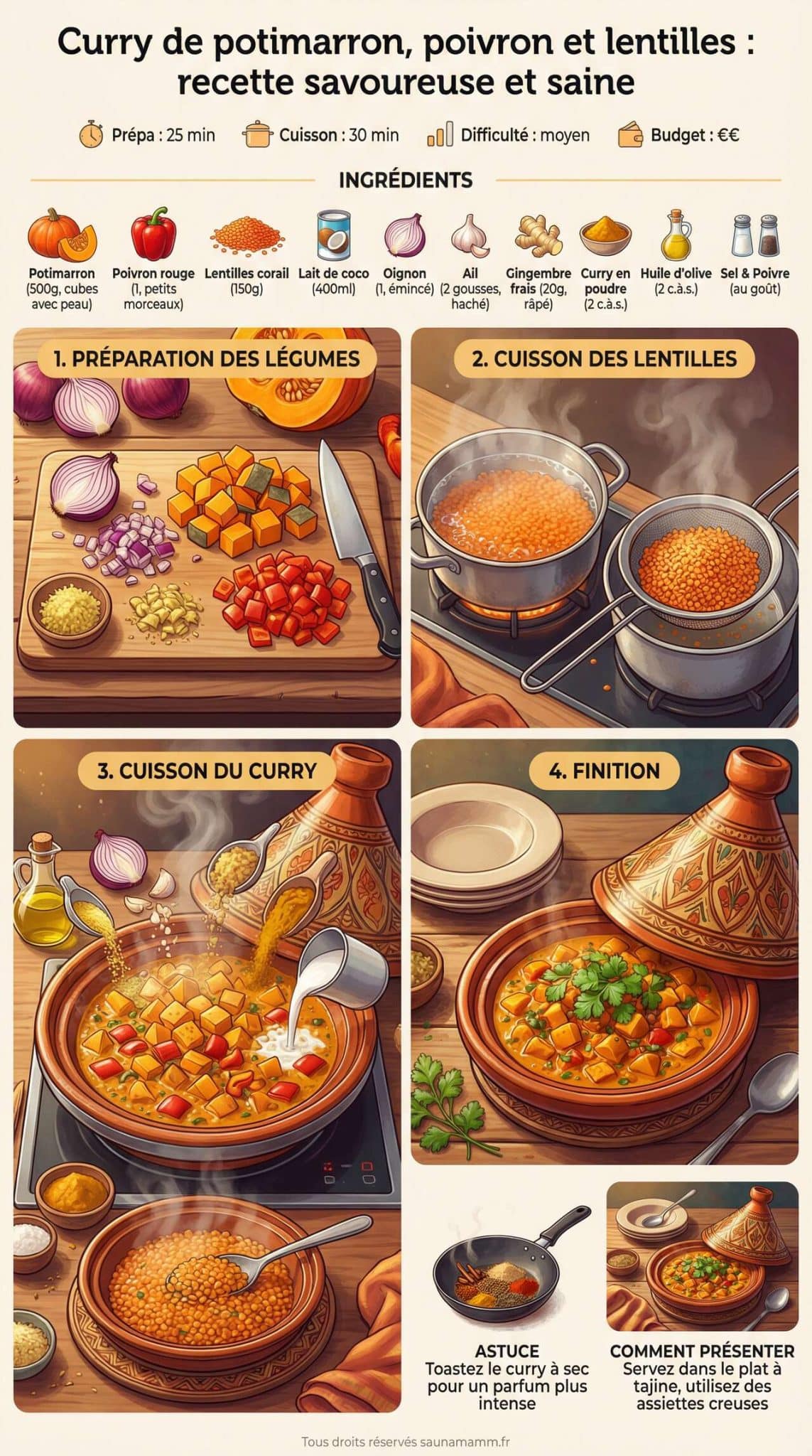 Fiche recette Curry de potimarron, poivron et lentilles : recette savoureuse et saine