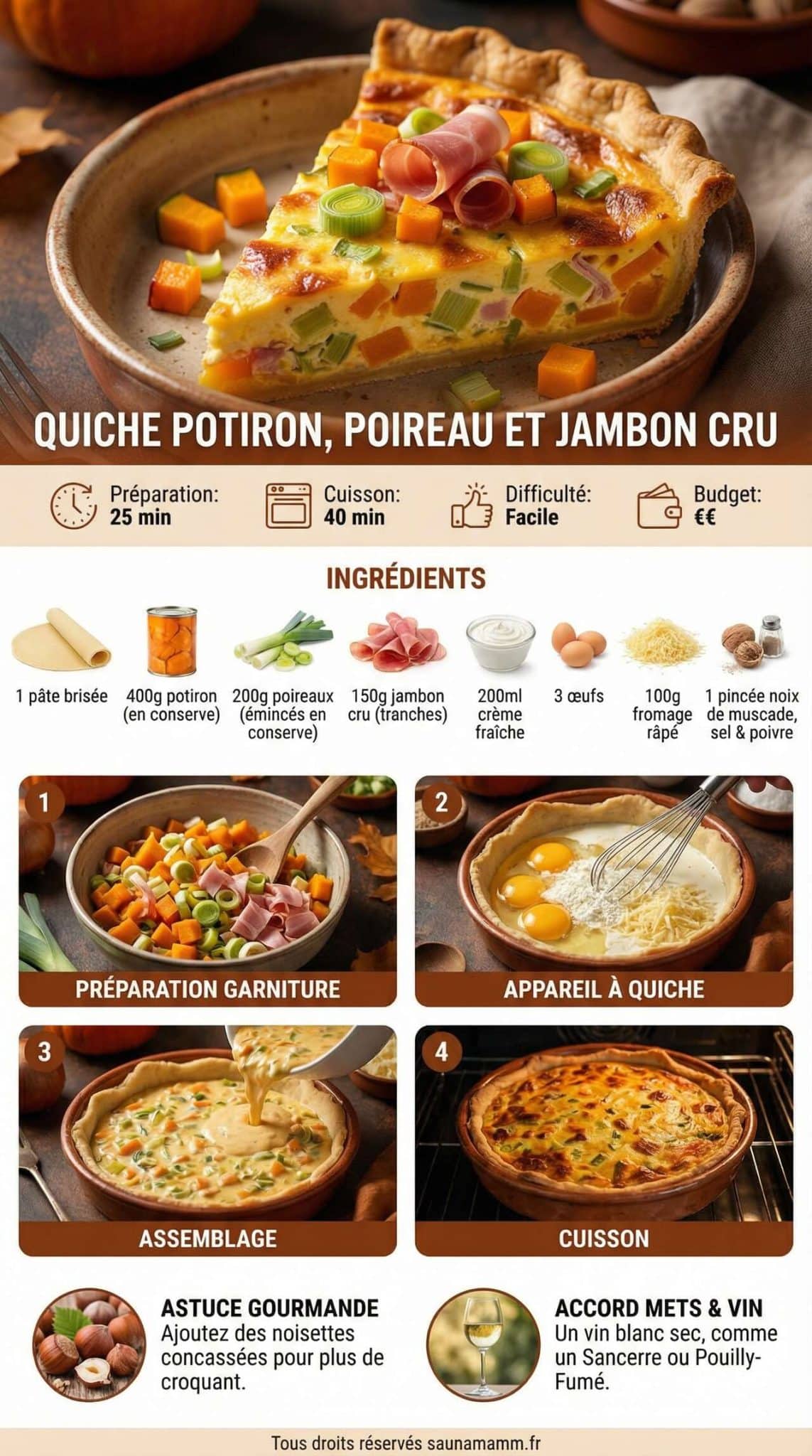 Fiche recette Quiche potiron, poireau et jambon cru : recette gourmande
