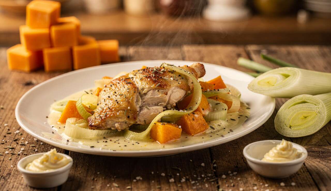 Fondue de poireau, courge et poulet : recette gourmande