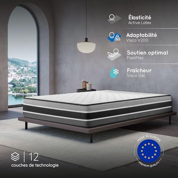 Explorez le matelas Cosmos Feliz avec ses 7 zones de confort et ses fonctionnalités été/hiver pour un sommeil incomparable agrémenté d'une technologie innovante.