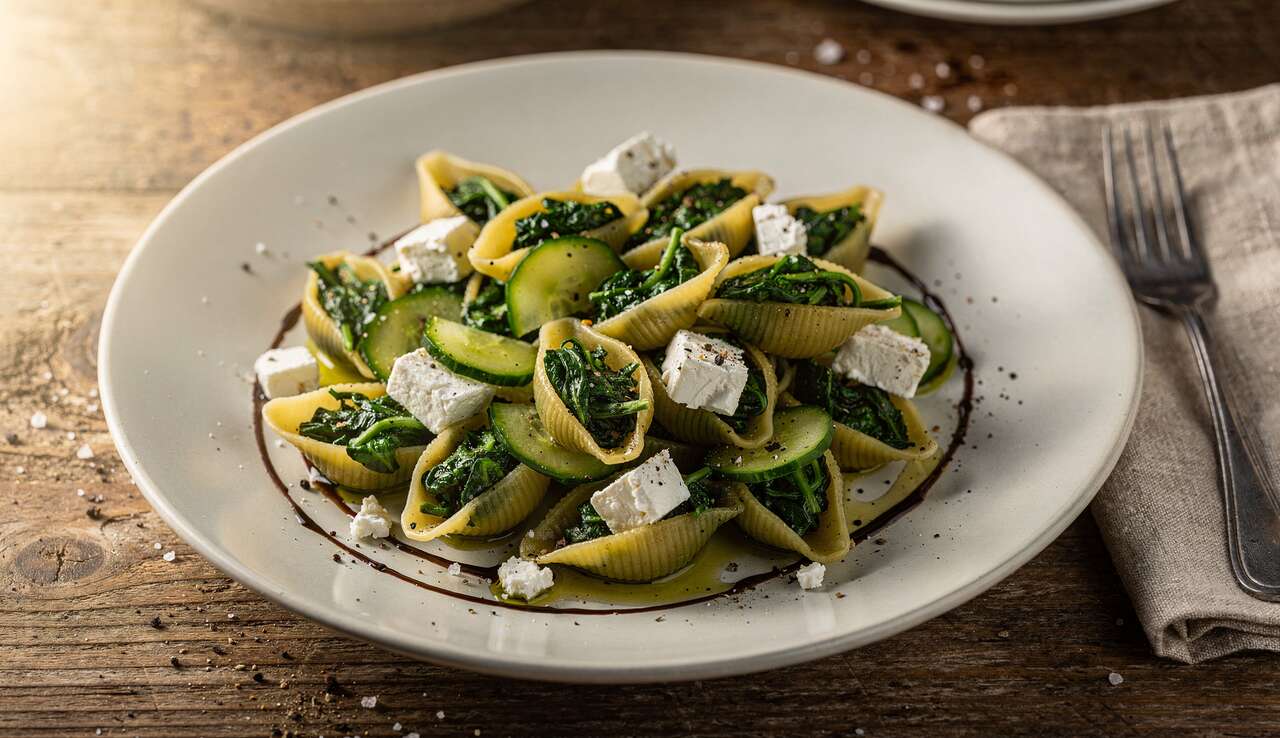 Salade de pâtes farcies : épinards, concombre et feta