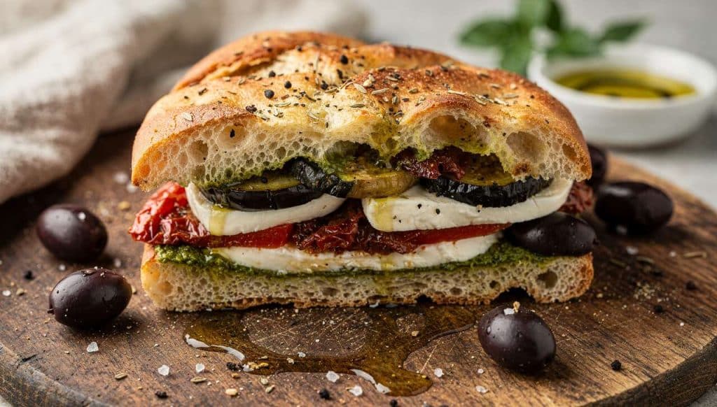Sandwich Focaccia aux Légumes Rôtis et Mozzarella