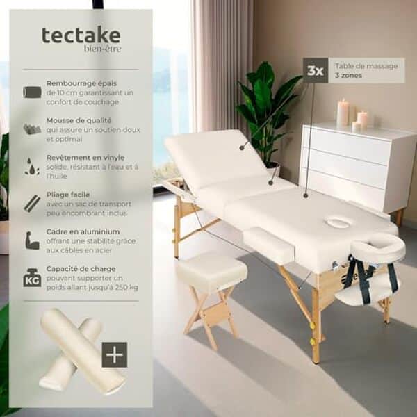 Découvrez notre analyse complète de la table de massage TecTake® 3 zones portable : confort, praticité, pour un usage professionnel ou personnel.