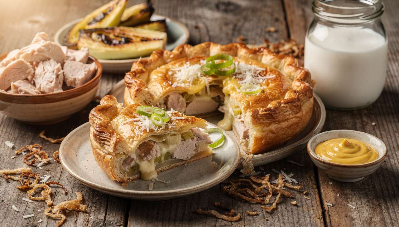 Tourte au poulet, poireaux et fromage maison