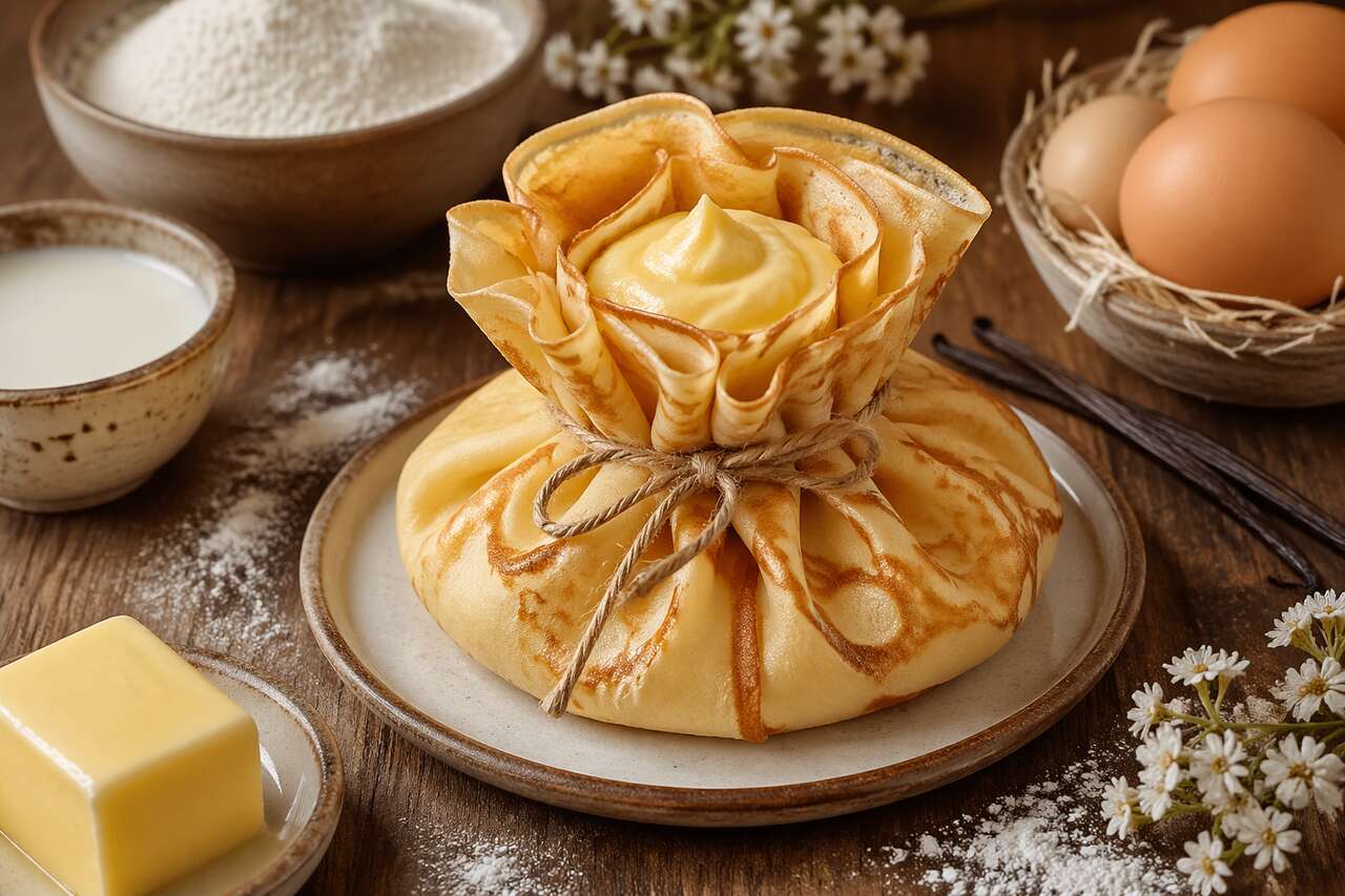 Aumônière de crêpe : recette facile à la crème pâtissière