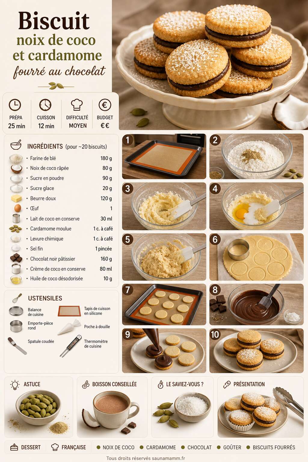 Fiche recette Biscuit noix de coco et cardamome fourr&eacute; au chocolat