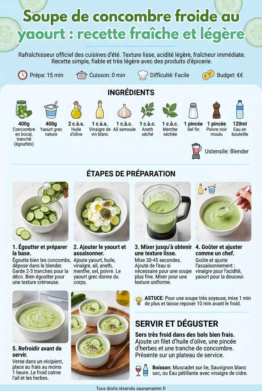 Fiche recette Soupe de concombre froide au yaourt : recette fraîche et légère Fiche recette Soupe de concombre froide au yaourt : recette fraîche et légère