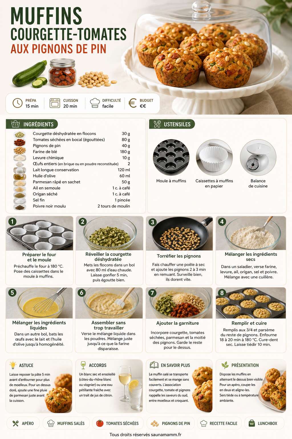 Fiche recette Muffins courgette-tomates aux pignons de pin : recette savoureuse Fiche recette Muffins courgette-tomates aux pignons de pin : recette savoureuse