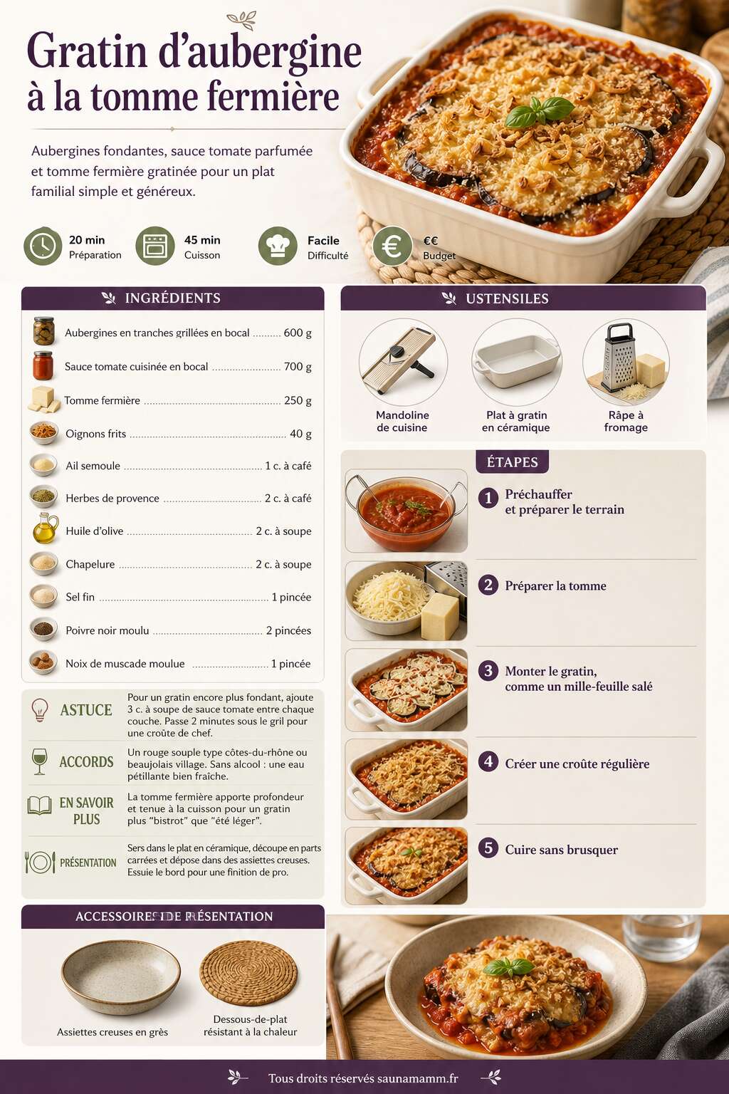 Fiche recette Recette de gratin d'aubergine à la tomme fermière Fiche recette Recette de gratin d'aubergine à la tomme fermière