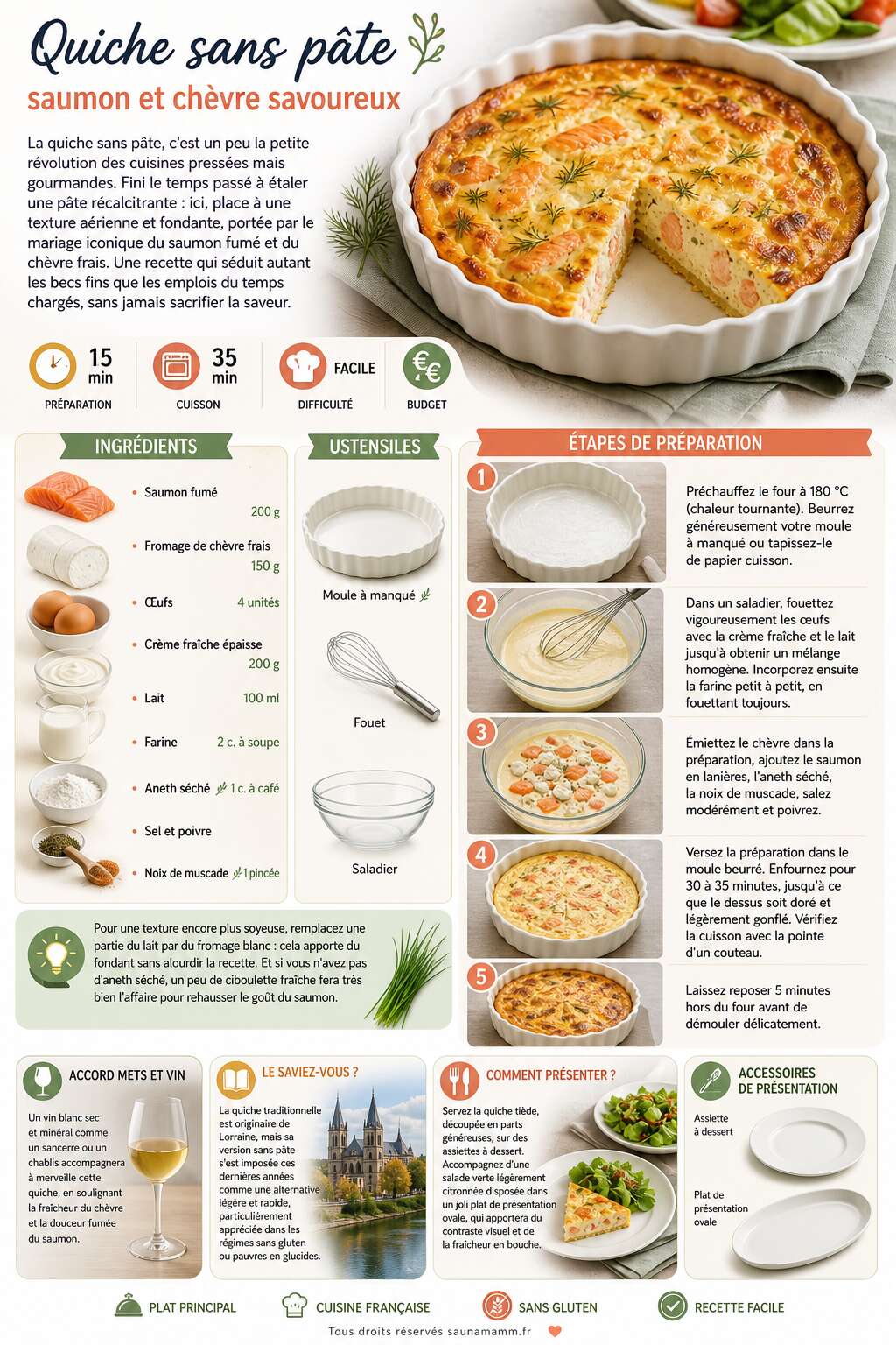 Fiche recette Quiche sans pâte : saumon et chèvre savoureux Fiche recette Quiche sans pâte : saumon et chèvre savoureux