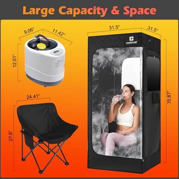 Découvrez notre test détaillé de la boîte de sauna vapeur COSVALVE 1600 W : caractéristiques, performances, chaise incluse et effets de la lumière rouge pour votre bien-être.