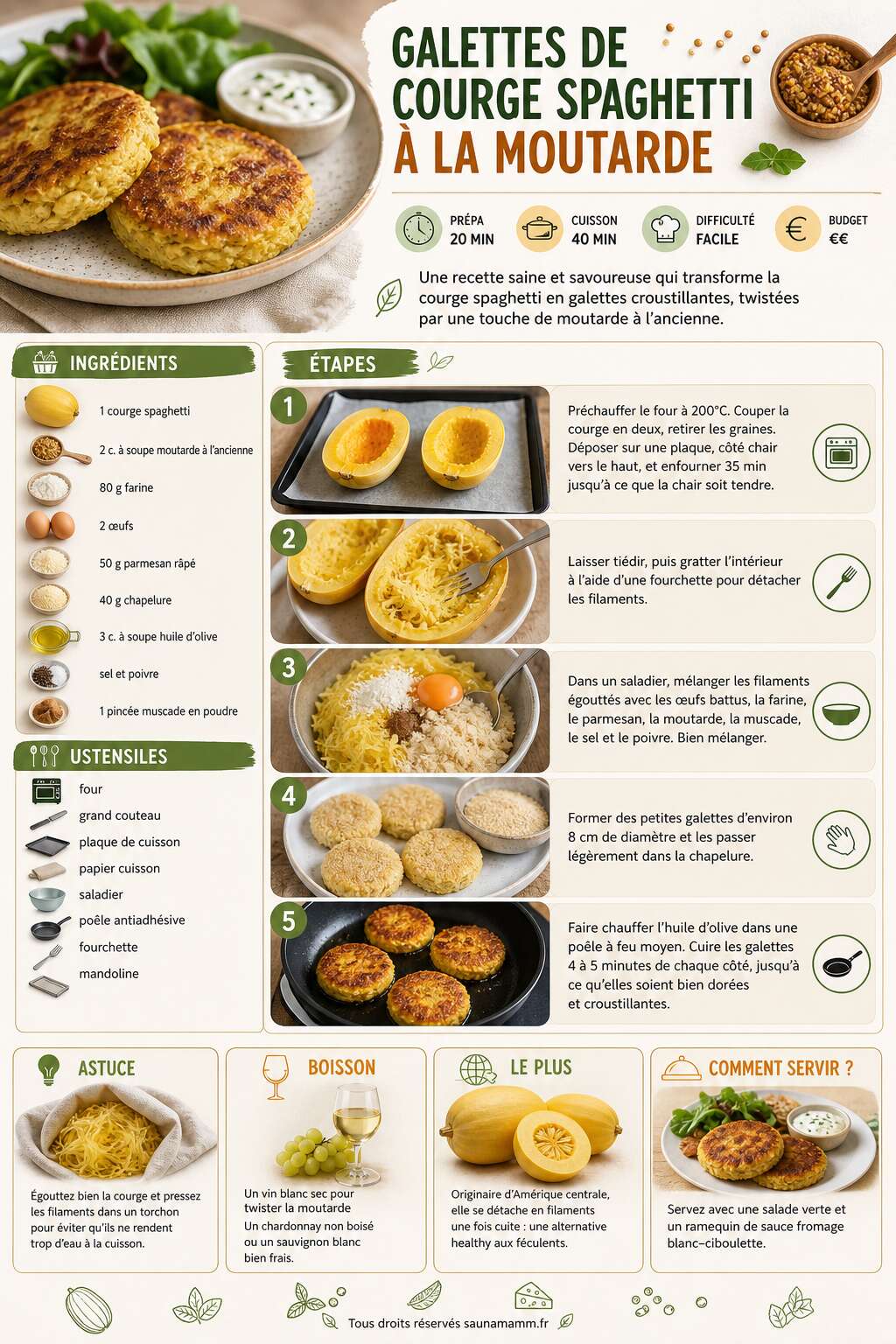 Fiche recette Galettes de courge spaghetti à la moutarde : recette saine et savoureuse Fiche recette Galettes de courge spaghetti à la moutarde : recette saine et savoureuse