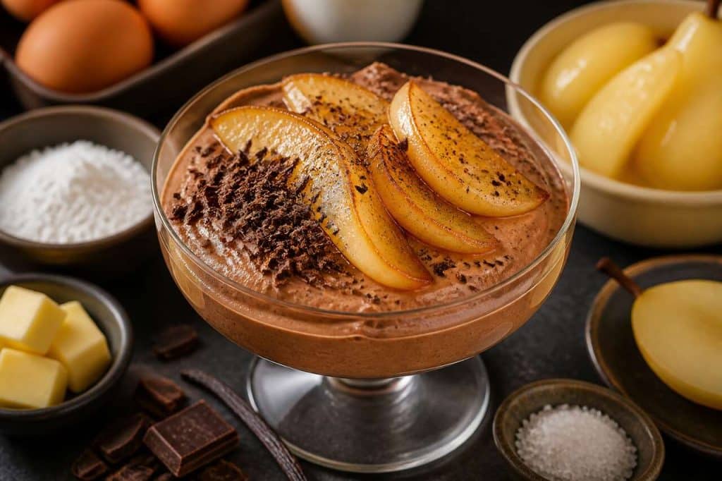 Mousse au chocolat maison et poire caramélisée : recette délicieuse