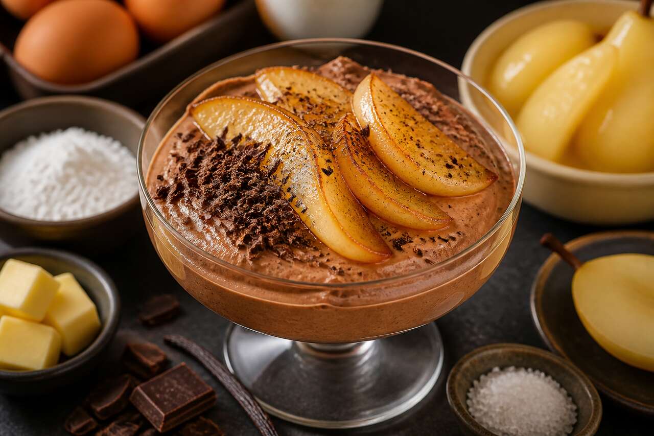 Mousse au chocolat maison et poire caramélisée : recette délicieuse