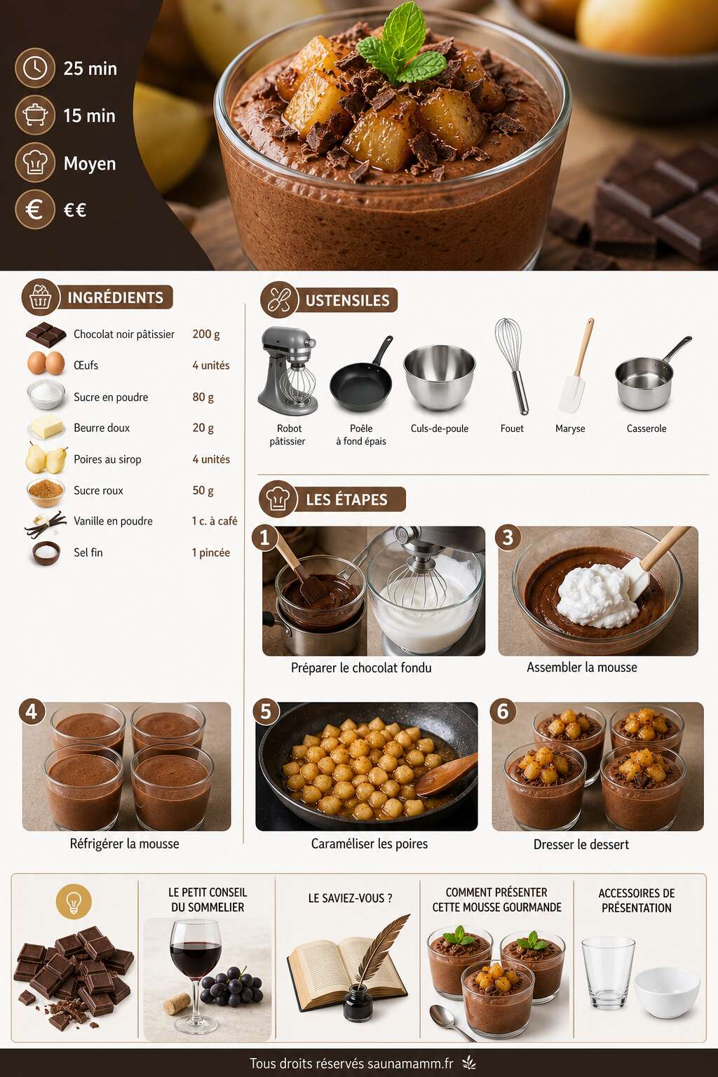 Fiche recette Mousse au chocolat maison et poire caramélisée : recette délicieuse Fiche recette Mousse au chocolat maison et poire caramélisée : recette délicieuse