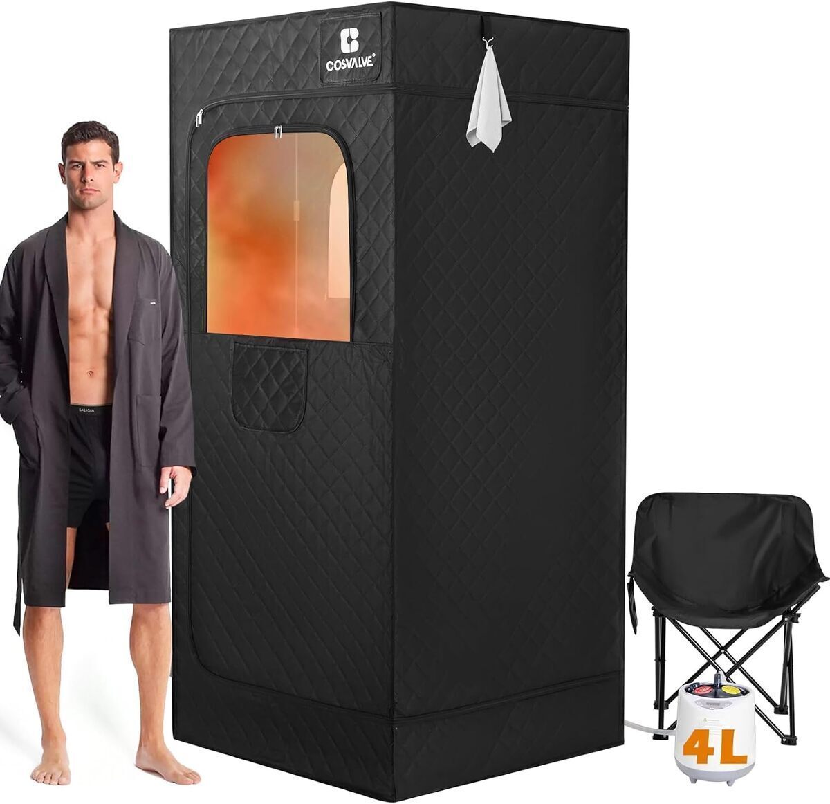 Test : boîte de sauna à vapeur COSVALVE 1600 W avec chaise et lumière rouge