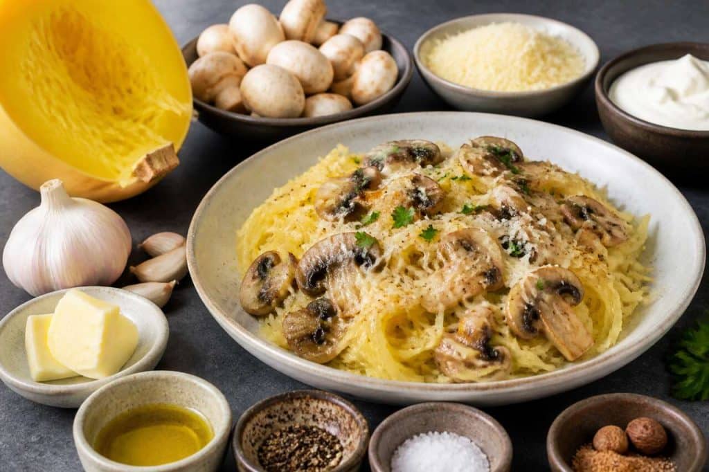 Courge spaghetti au fromage et champignons : recette gourmande