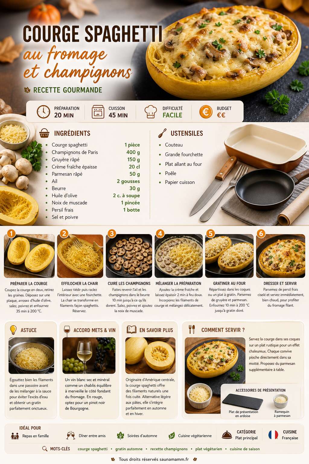 Fiche recette Courge spaghetti au fromage et champignons : recette gourmande