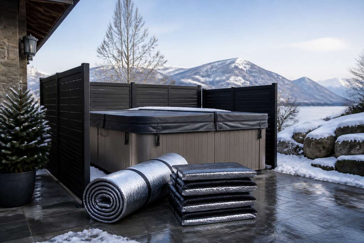 Protection du spa et isolation : couverture, habillage, sol et coupe-vent Protection du spa et isolation : couverture, habillage, sol et coupe-vent