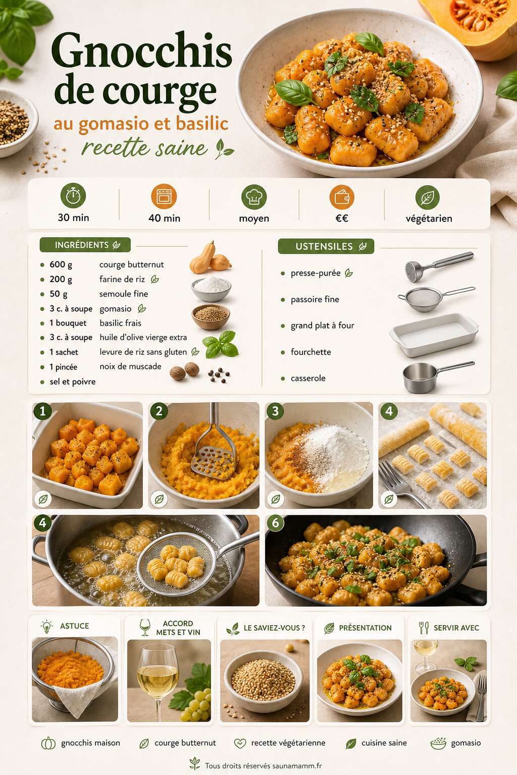 Fiche recette Gnocchis de courge au gomasio et basilic : recette saine Fiche recette Gnocchis de courge au gomasio et basilic : recette saine
