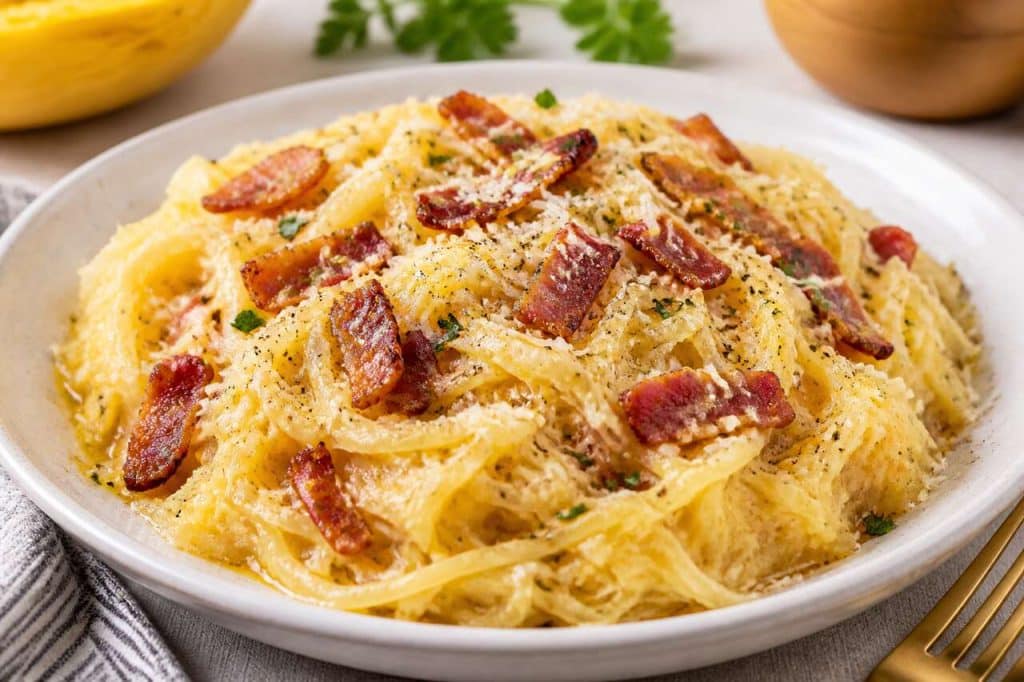 Courge spaghetti au bacon et crème : recette savoureuse et facile