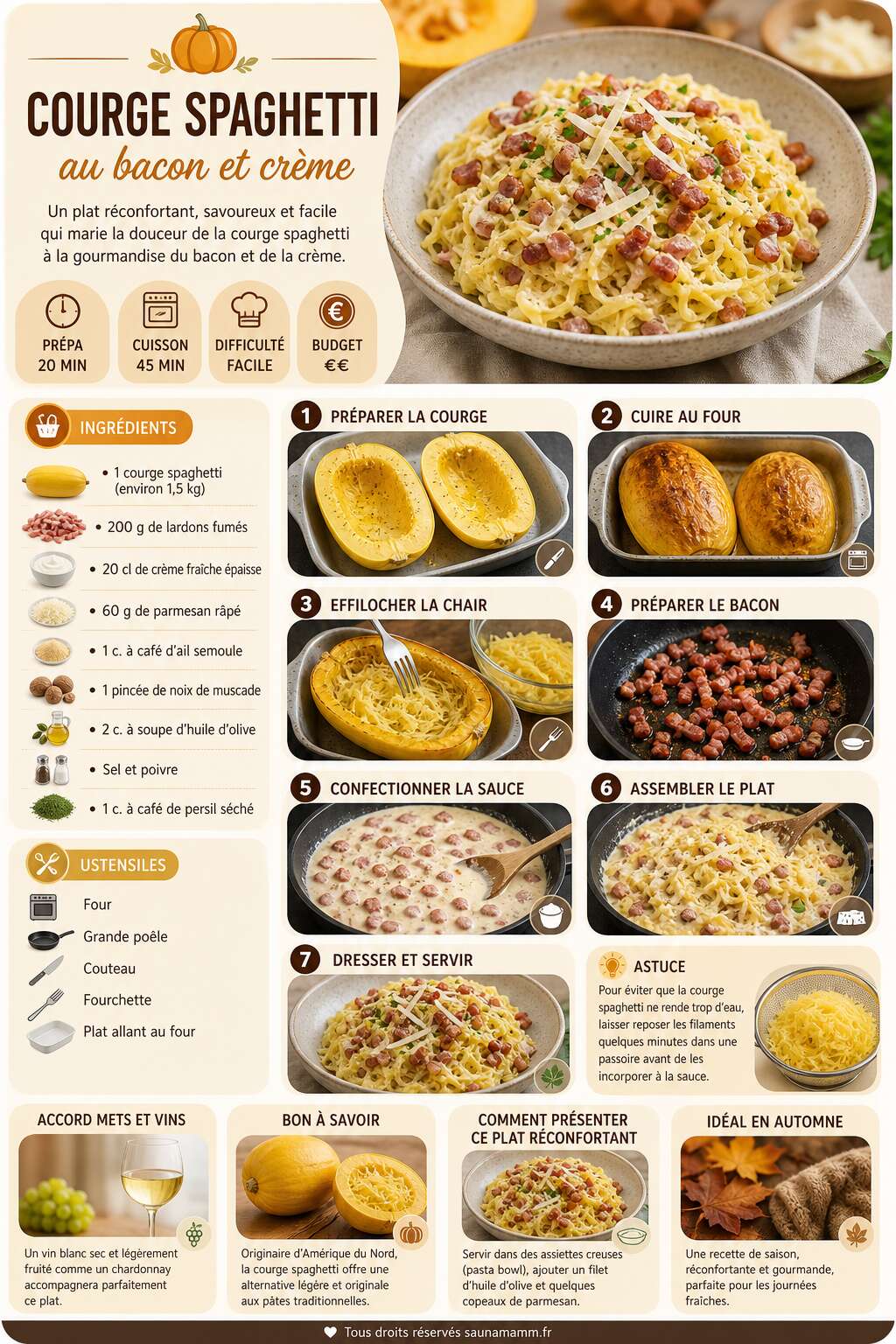 Fiche recette Courge spaghetti au bacon et crème : recette savoureuse et facile Fiche recette Courge spaghetti au bacon et crème : recette savoureuse et facile