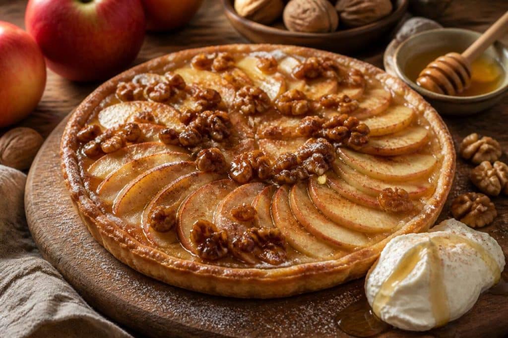 Tarte aux pommes et noix caramélisées : recette gourmande