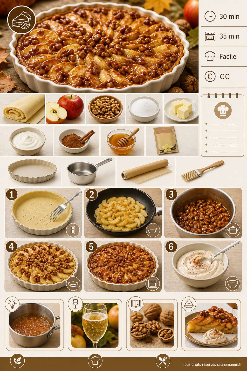 Fiche recette Tarte aux pommes et noix caramélisées : recette gourmande Fiche recette Tarte aux pommes et noix caramélisées : recette gourmande