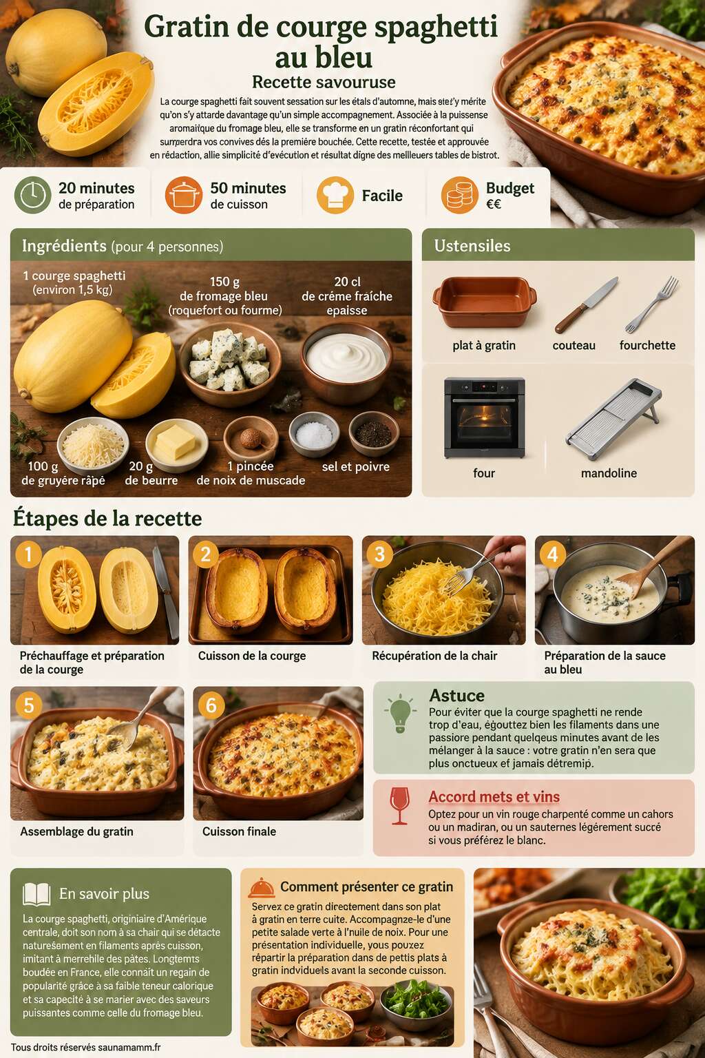 Fiche recette Gratin de courge spaghetti au bleu : recette savoureuse Fiche recette Gratin de courge spaghetti au bleu : recette savoureuse