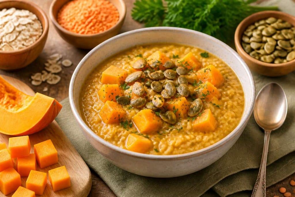 Porridge salé potiron et lentilles corail : recette saine et facile