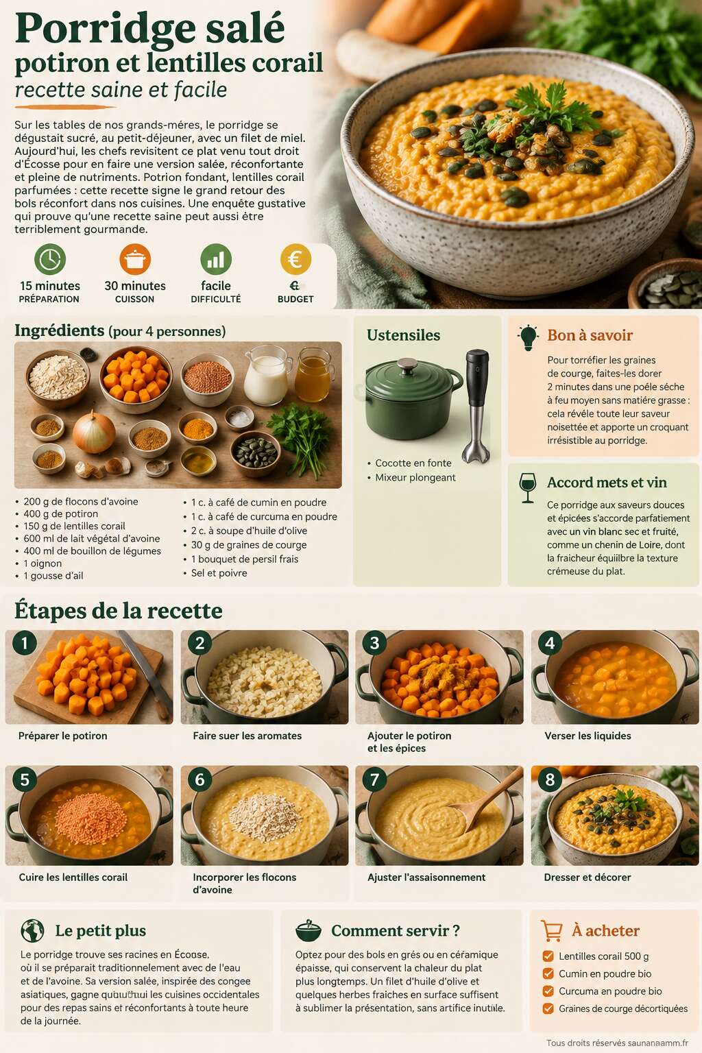Fiche recette Porridge salé potiron et lentilles corail : recette saine et facile Fiche recette Porridge salé potiron et lentilles corail : recette saine et facile