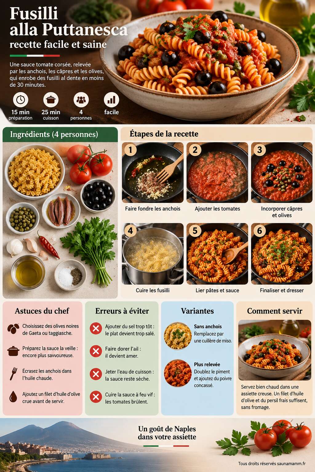 Fiche recette Fusilli alla Puttanesca : recette facile et saine