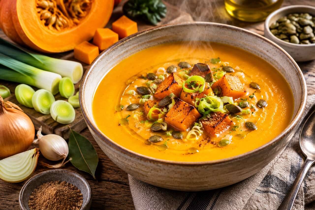 Soupe de potiron rôti et poireaux : recette saine et savoureuse