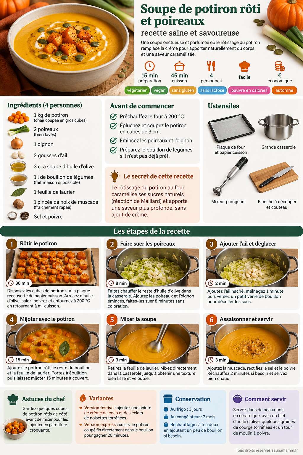 Fiche recette Soupe de potiron rôti et poireaux : recette saine et savoureuse Fiche recette Soupe de potiron rôti et poireaux : recette saine et savoureuse