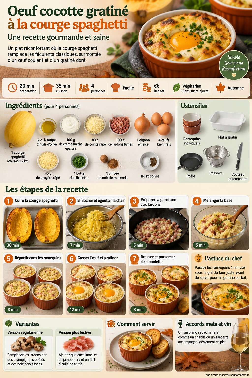 Fiche recette Oeuf cocotte gratiné à la courge spaghetti : recette gourmande et saine Fiche recette Oeuf cocotte gratiné à la courge spaghetti : recette gourmande et saine