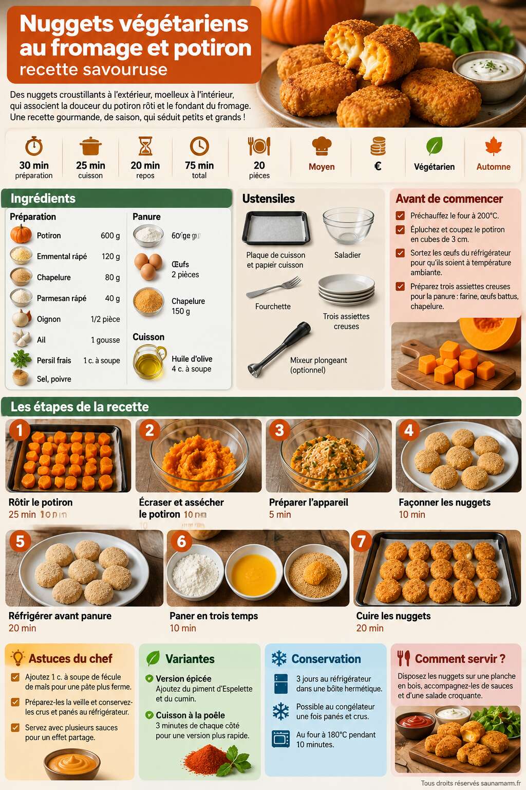 Fiche recette Nuggets v&eacute;g&eacute;tariens au fromage et potiron : recette savoureuse