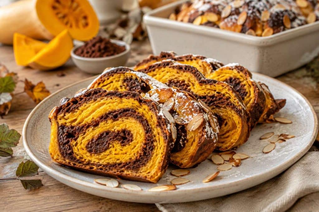 Brioche roulée : courge, amande et cacao