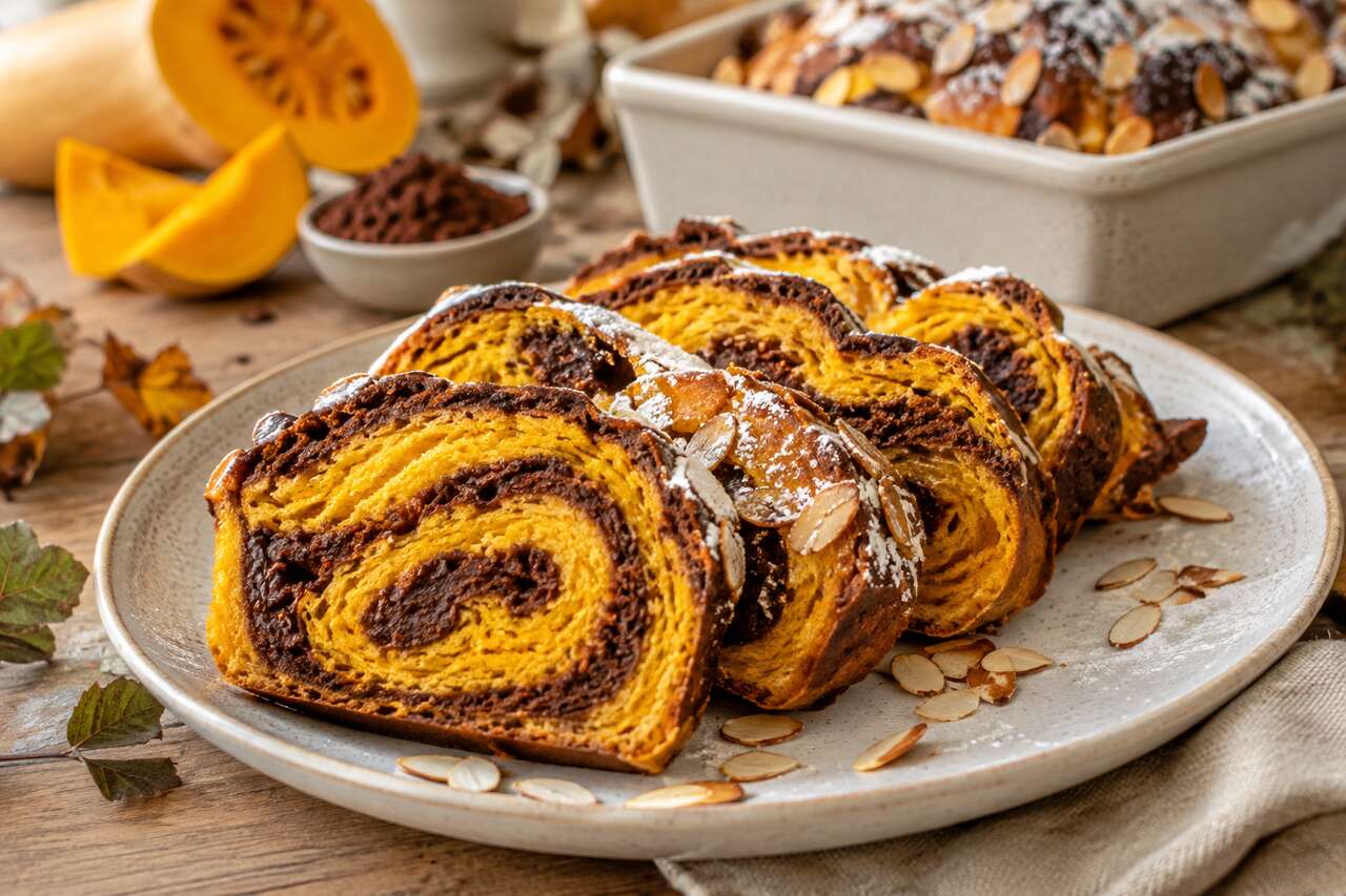 Brioche roulée : courge, amande et cacao