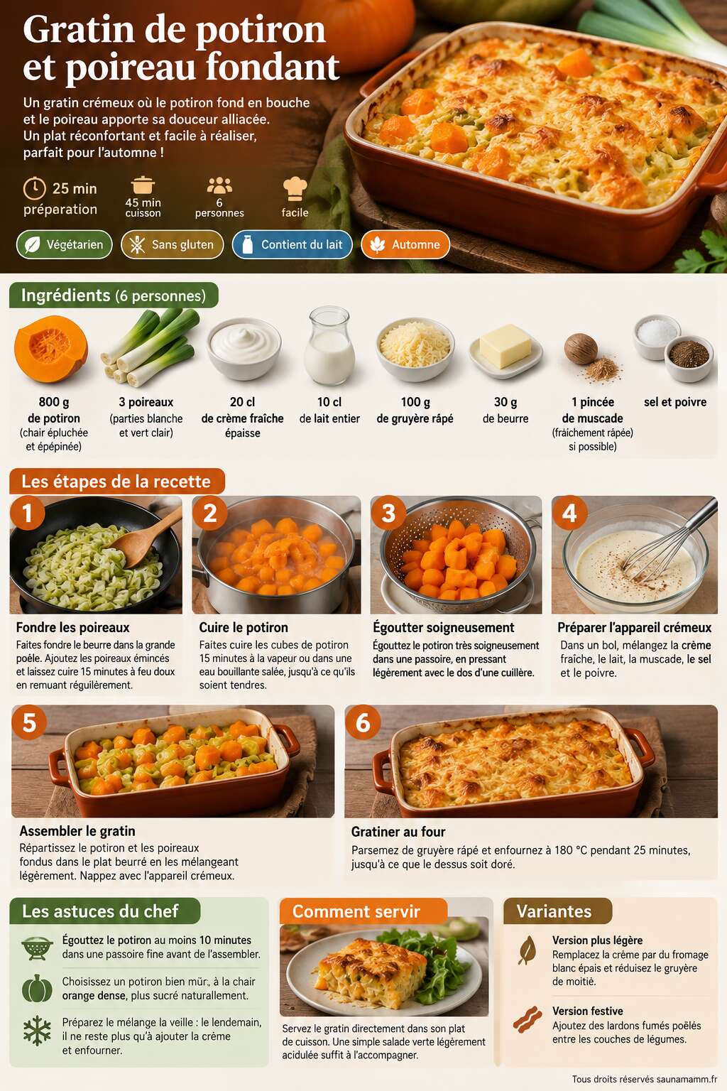 Fiche recette Gratin de potiron et poireau fondant Fiche recette Gratin de potiron et poireau fondant